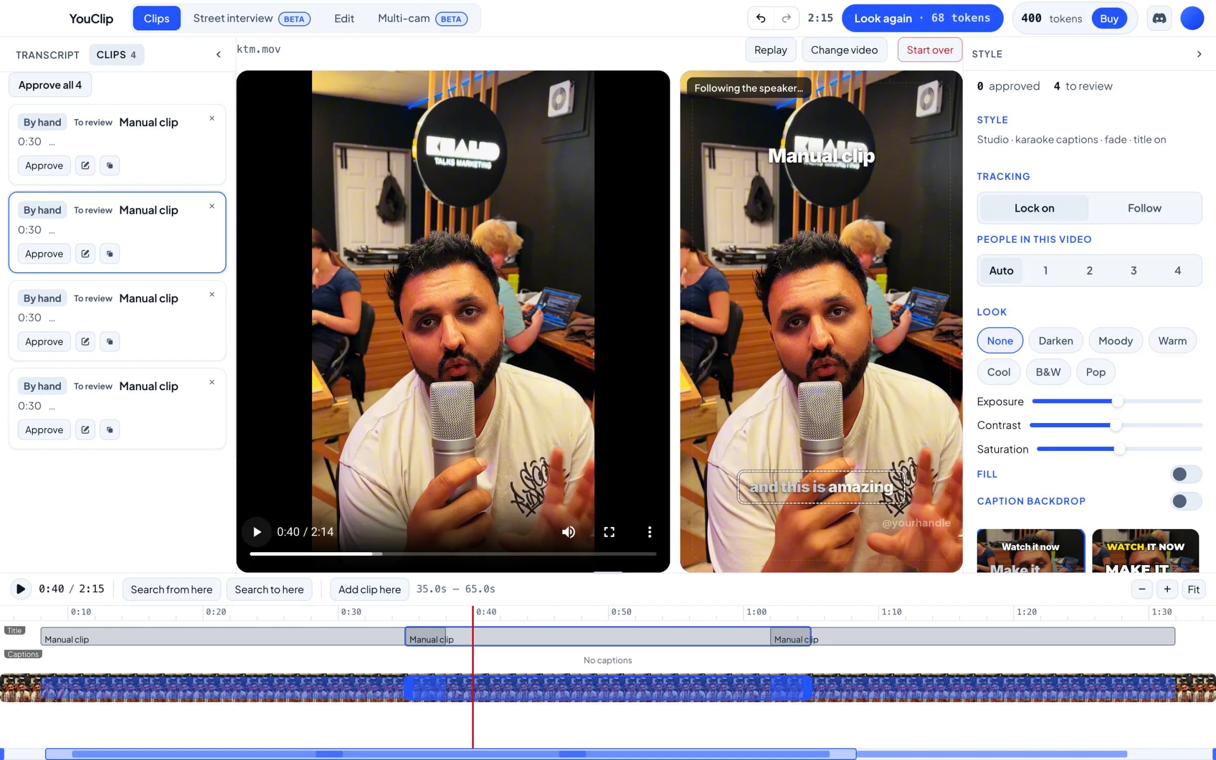 YouClip's Clips mode: clip cards, the source and vertical preview, style panel and timeline
