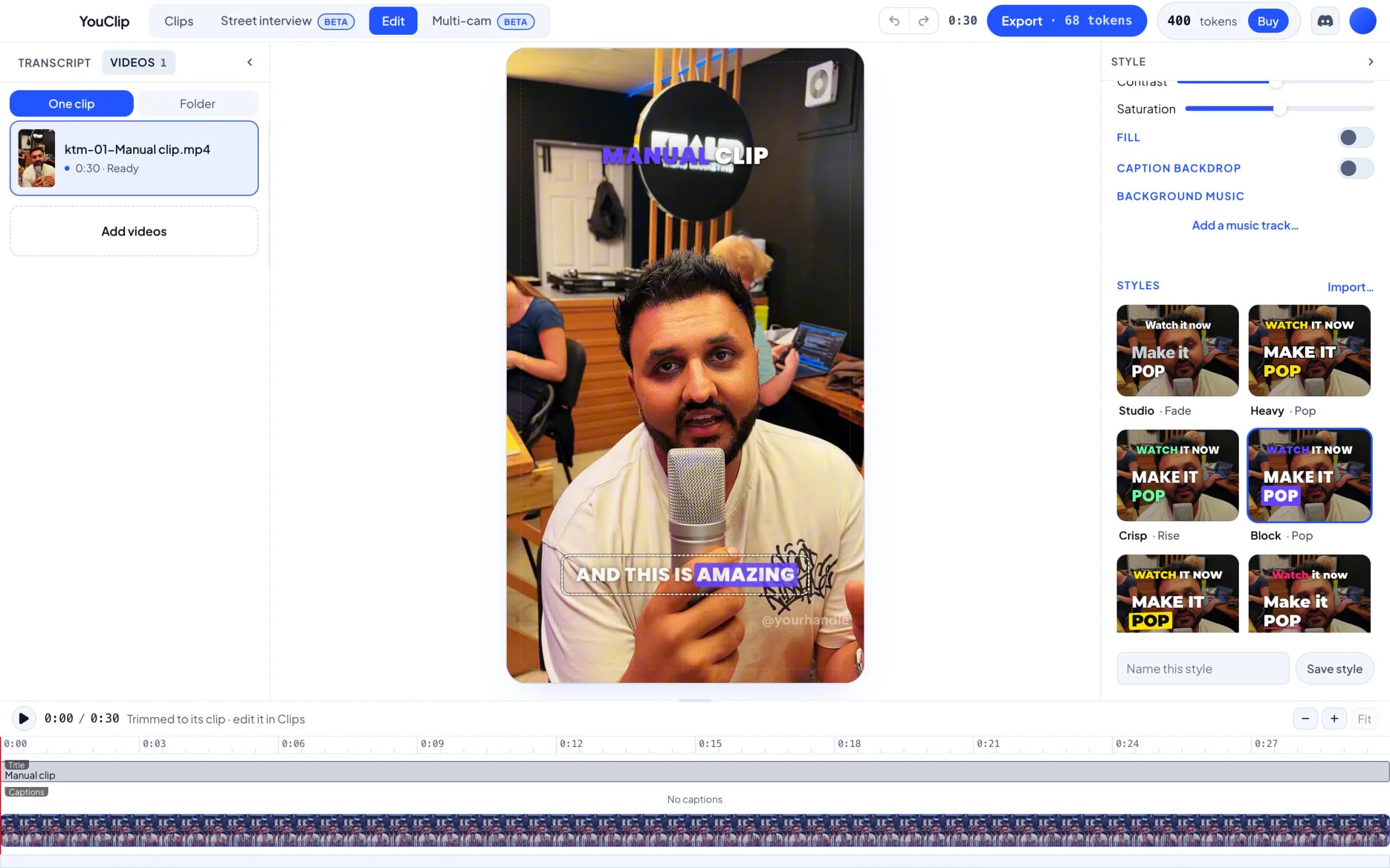 YouClip's Edit mode: a vertical clip with karaoke captions and the caption look gallery