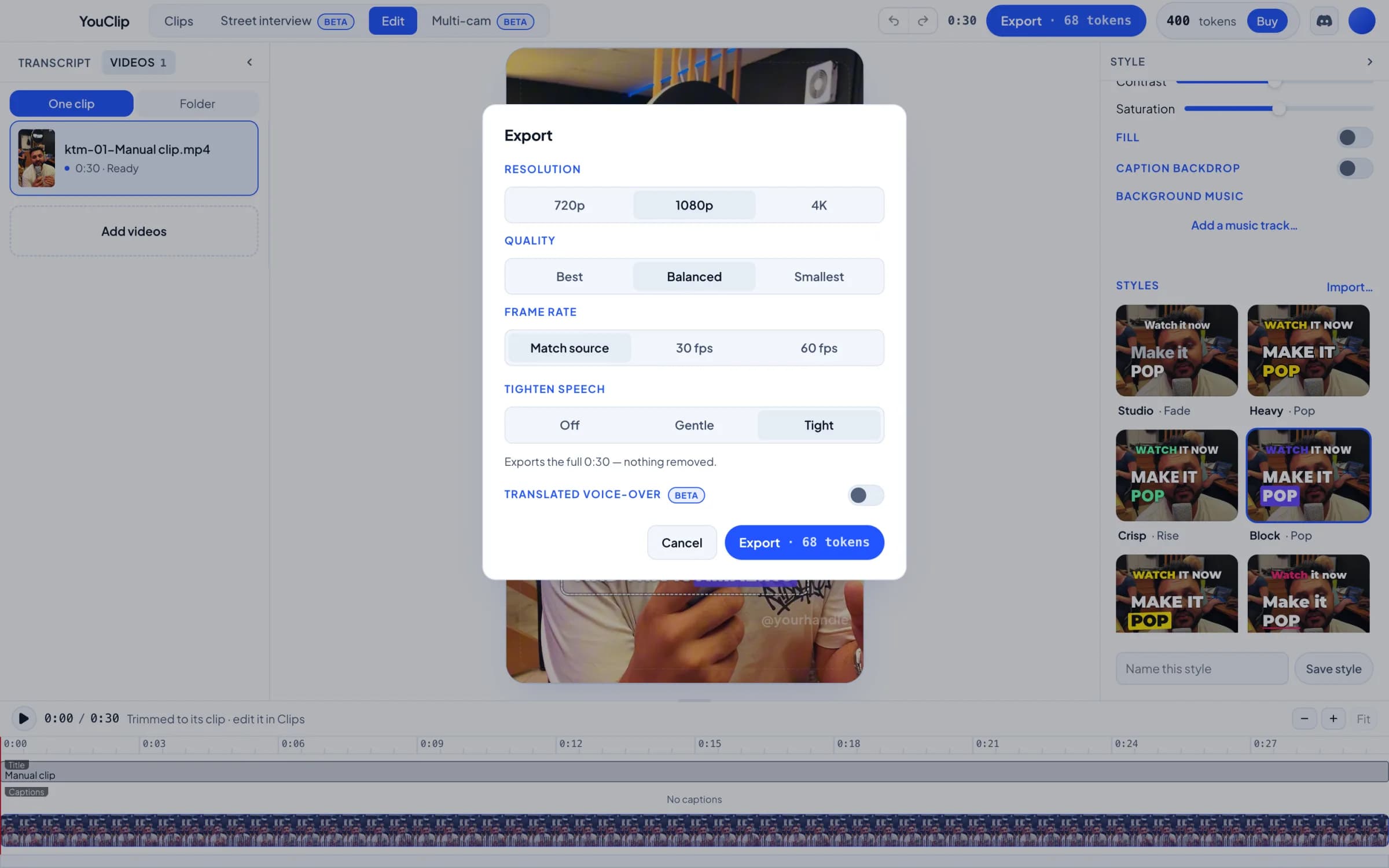 YouClip's export dialog with 720p, 1080p and 4K, quality and frame rate options