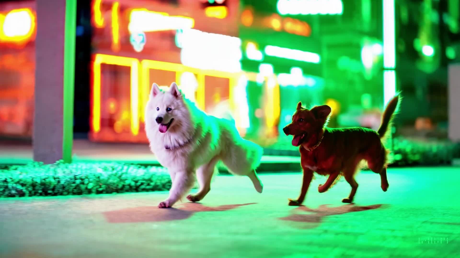 Dogs in neon city downtown