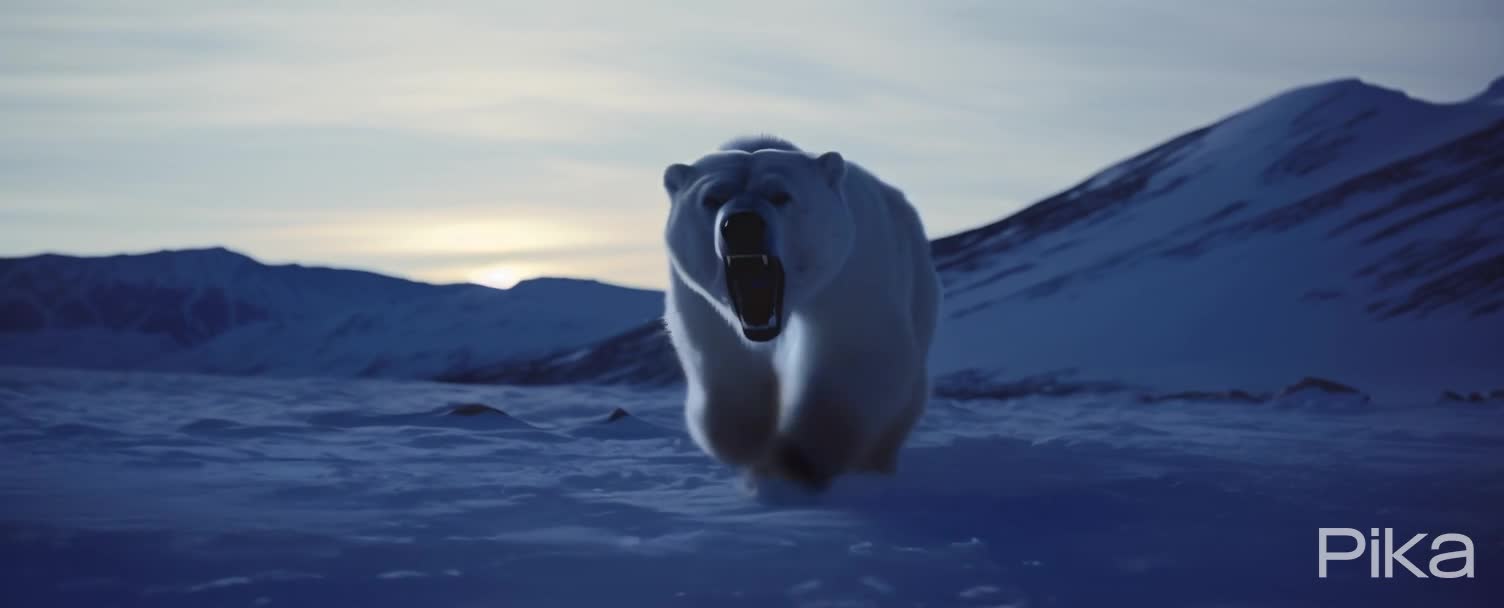 Polar bear charging in arctic snow