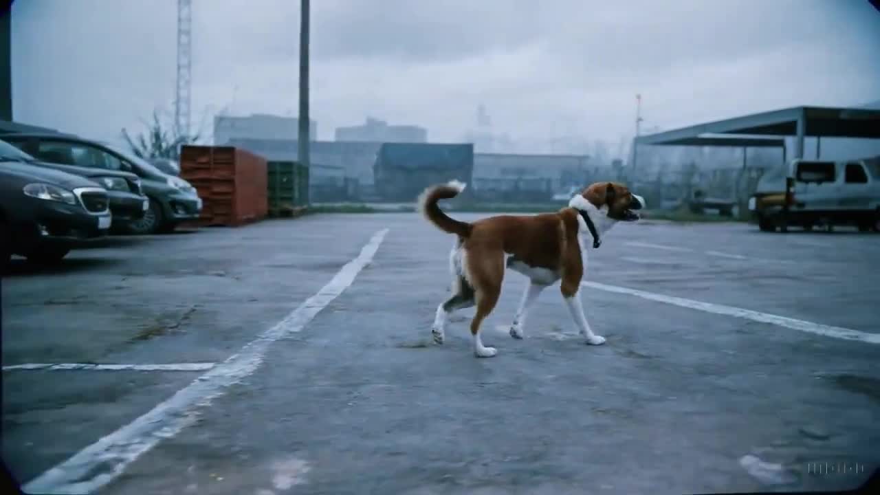 Dog walks in a parking 