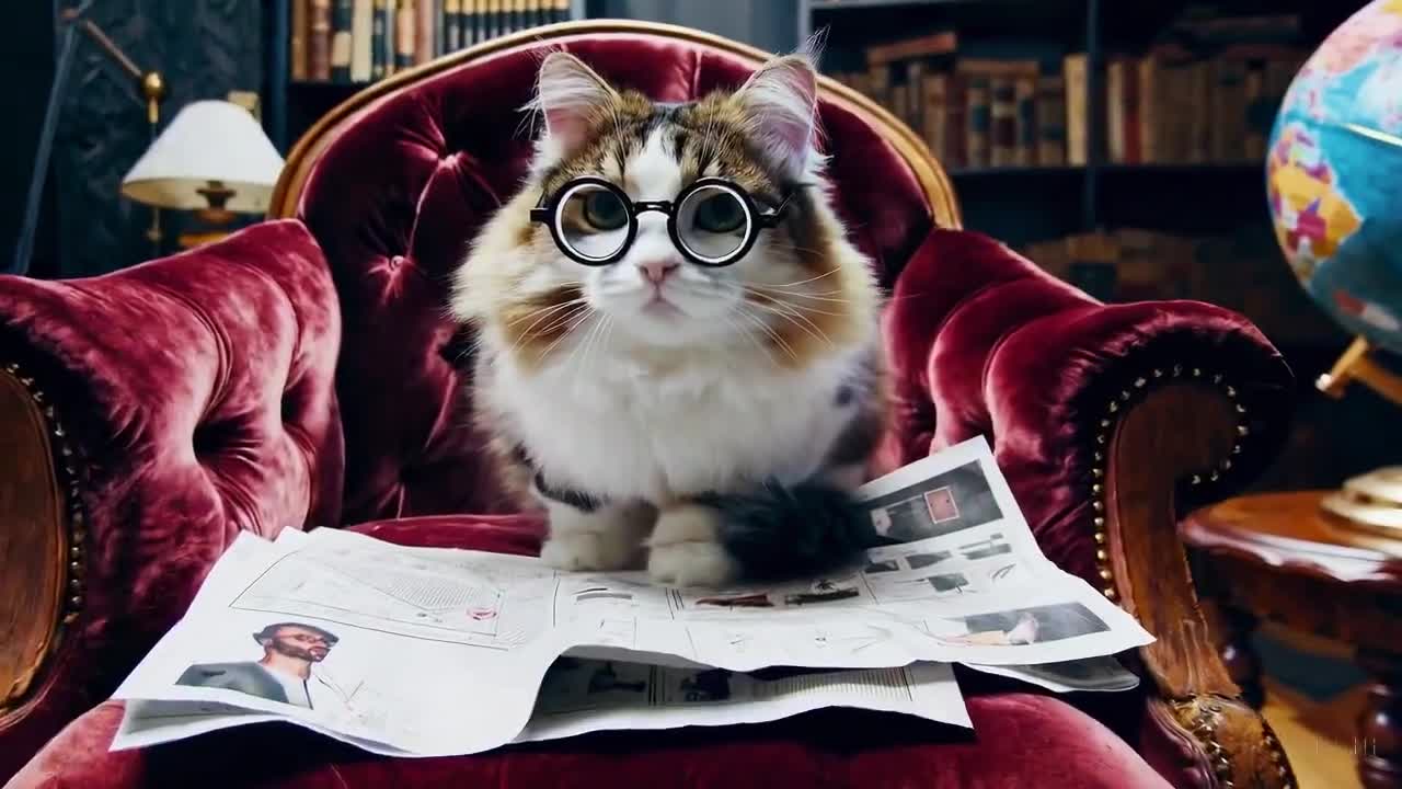 Cat reading newspapers in living room