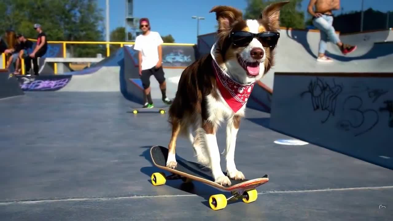 Border collie on skateboard