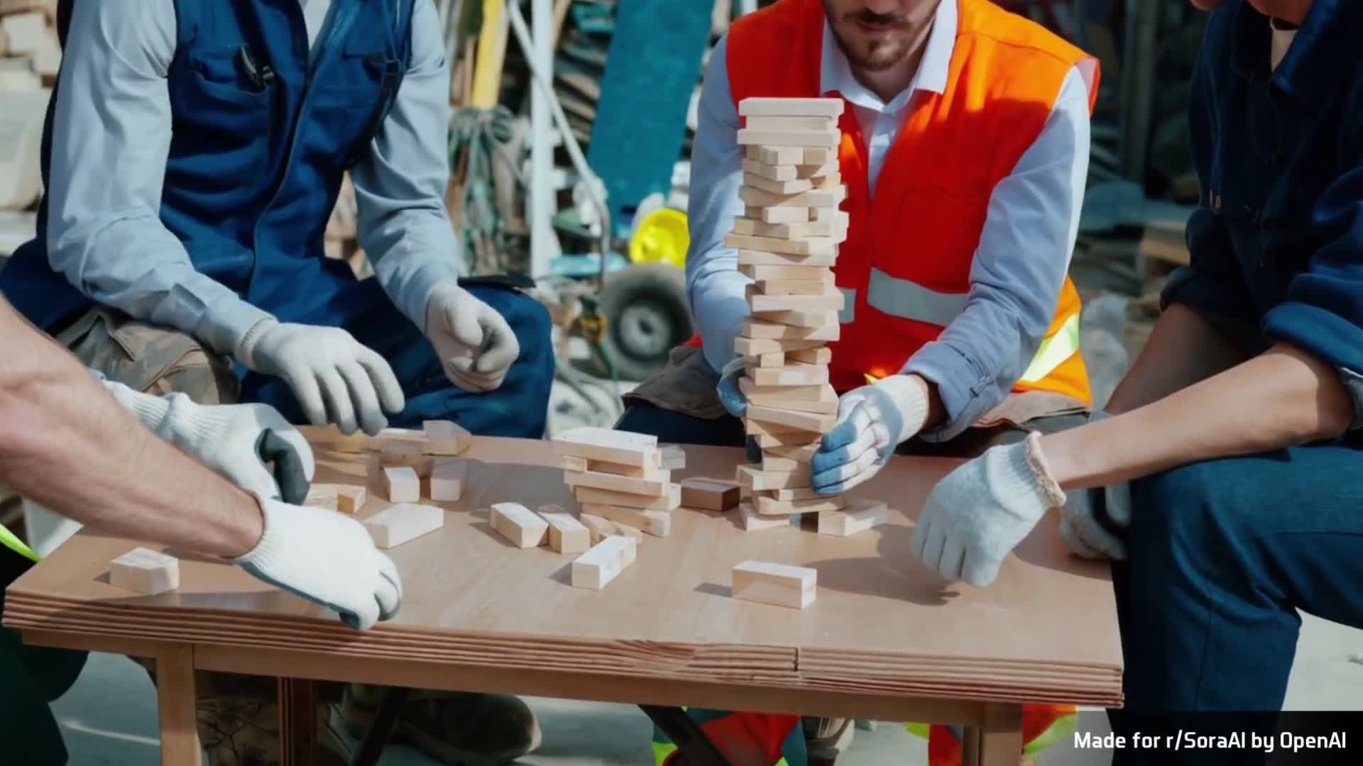 Construction Builders Playing Jenga