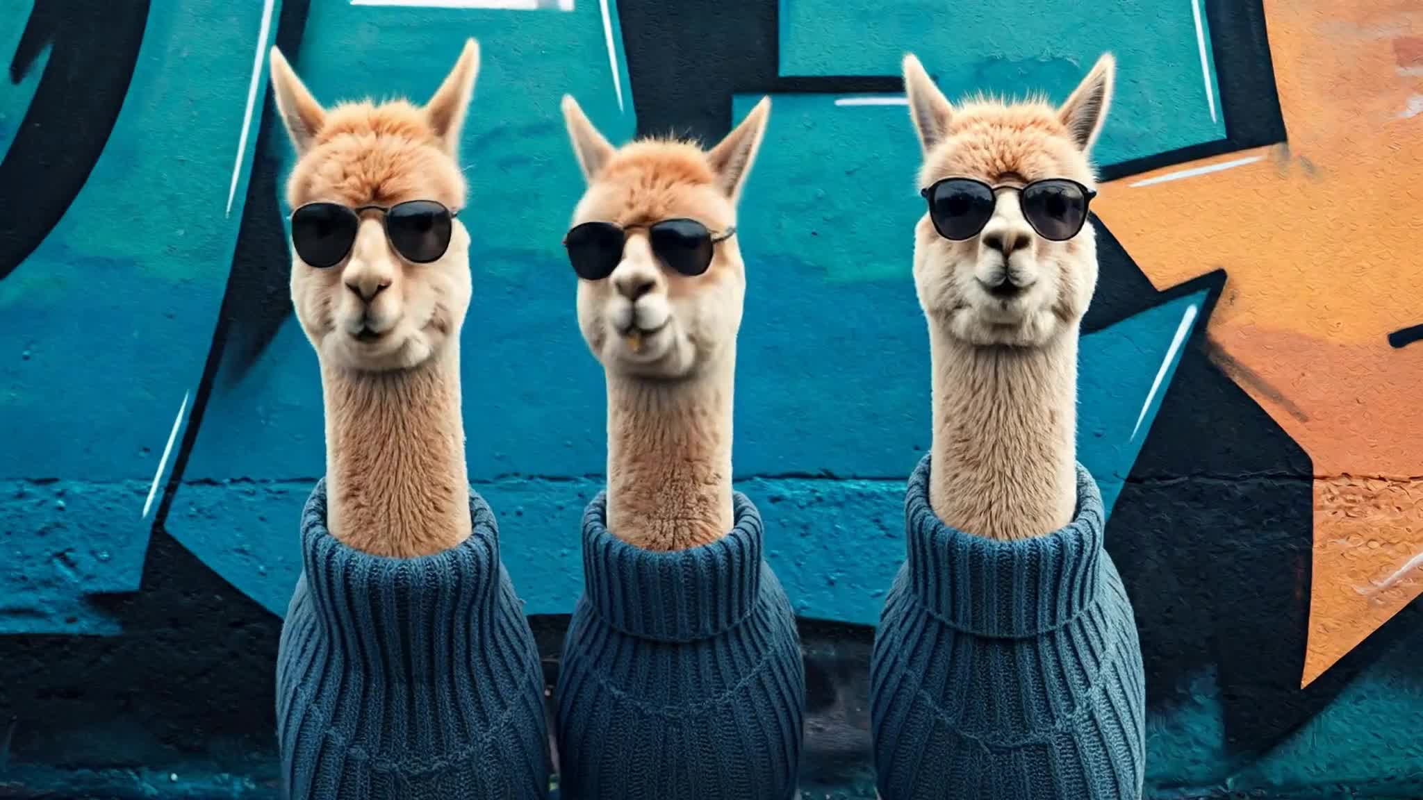 Alpacas wearing knit sweaters (Google Veo)